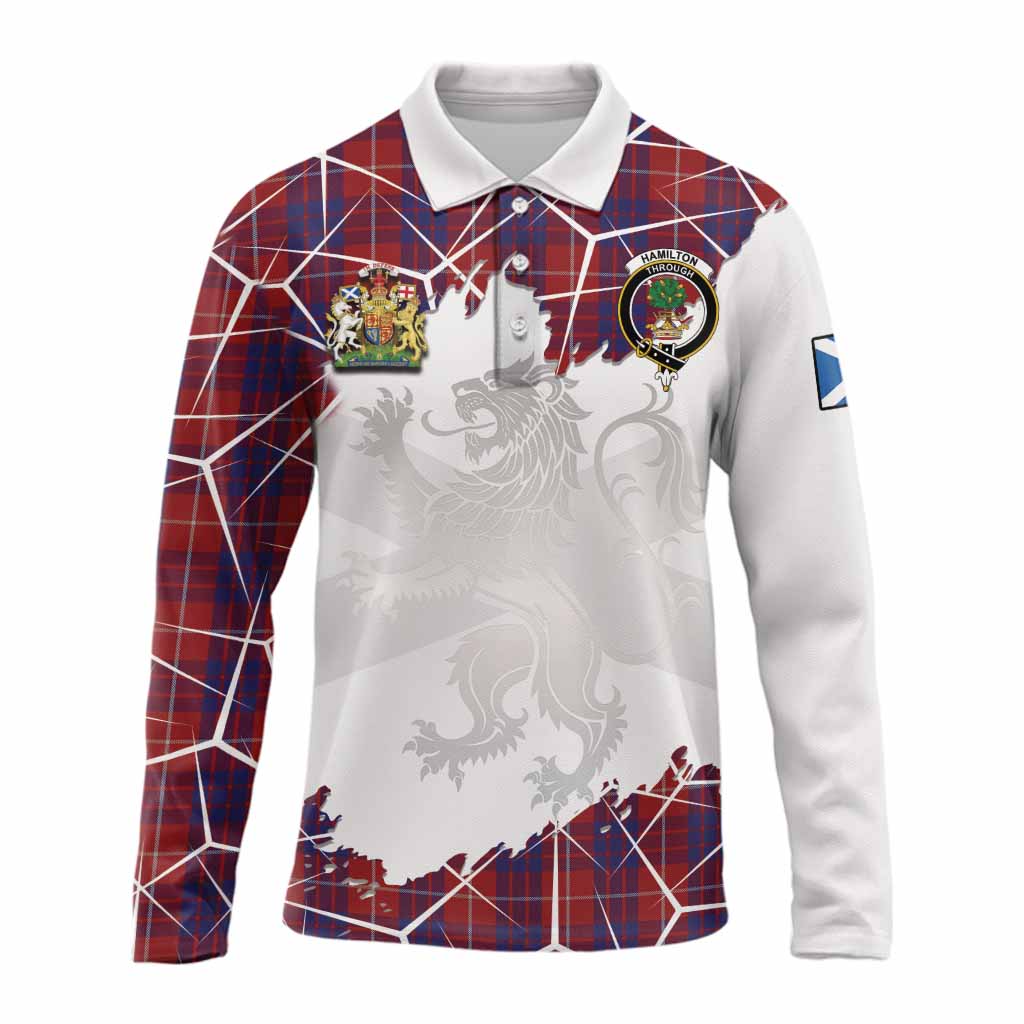 Hamilton Tartan Long Sleeve Polo Shirt with Family Crest and Lion Rampant Grunge Style