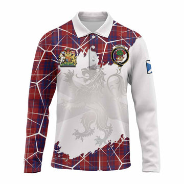 Hamilton Tartan Long Sleeve Polo Shirt with Family Crest and Lion Rampant Grunge Style
