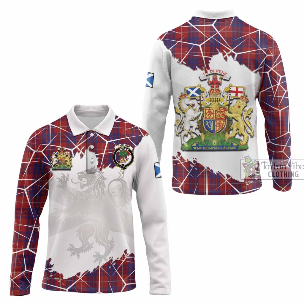 Hamilton Tartan Long Sleeve Polo Shirt with Family Crest and Lion Rampant Grunge Style