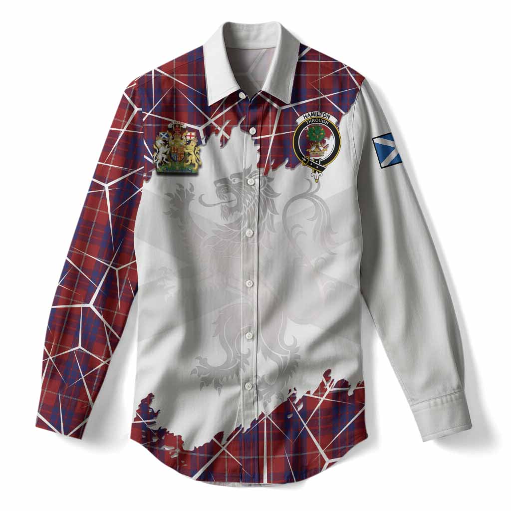 Hamilton Tartan Women Casual Shirt with Family Crest and Lion Rampant Grunge Style