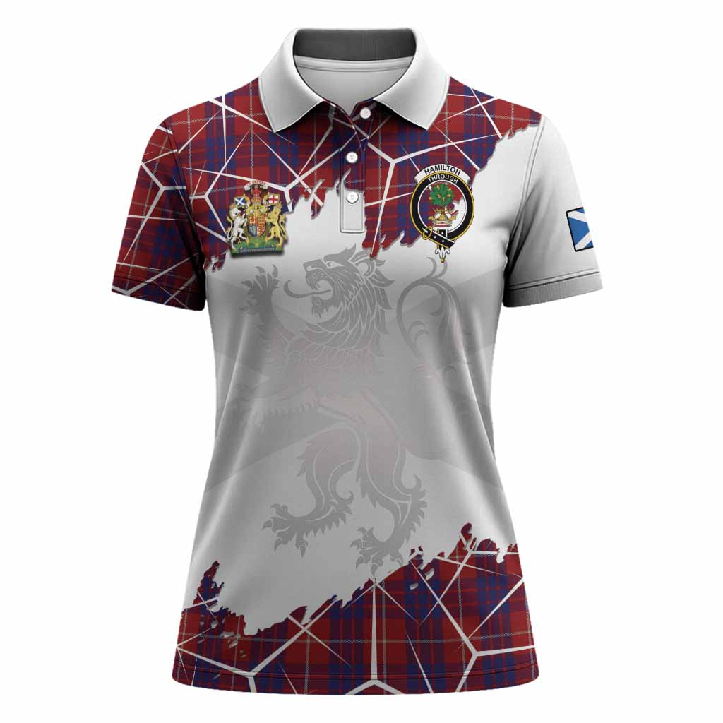 Hamilton Tartan Women Polo Shirt with Family Crest and Lion Rampant Grunge Style