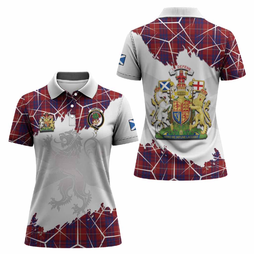 Hamilton Tartan Women Polo Shirt with Family Crest and Lion Rampant Grunge Style
