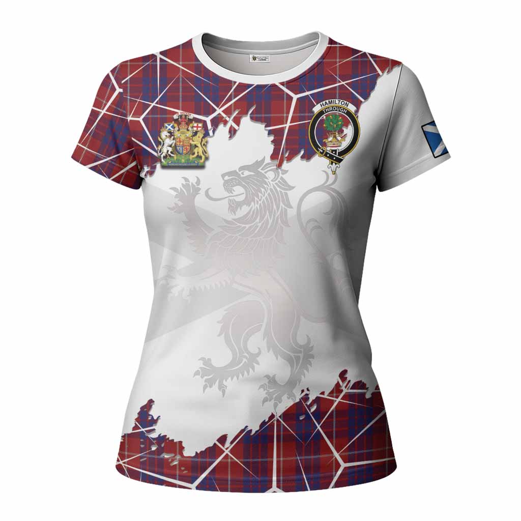 Hamilton Tartan Women T shirt with Family Crest and Lion Rampant Grunge Style