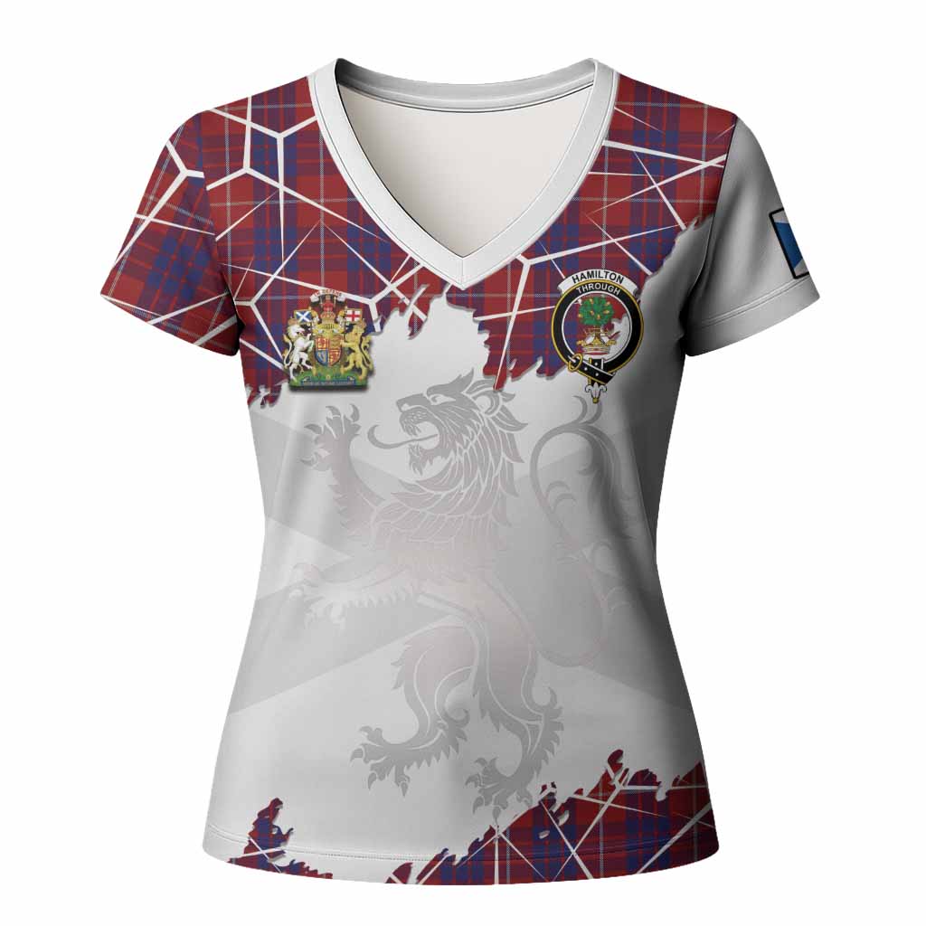 Hamilton Tartan Women T shirt with Family Crest and Lion Rampant Grunge Style
