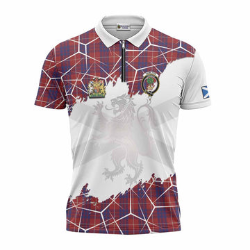 Hamilton Tartan Zipper Polo Shirt with Family Crest and Lion Rampant Grunge Style