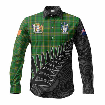 Tartan Vibes Clothing Hammond Irish Clan Tartan Long Sleeve Button Shirt with Coat of Arms New Zealand Silver Fern Half Style