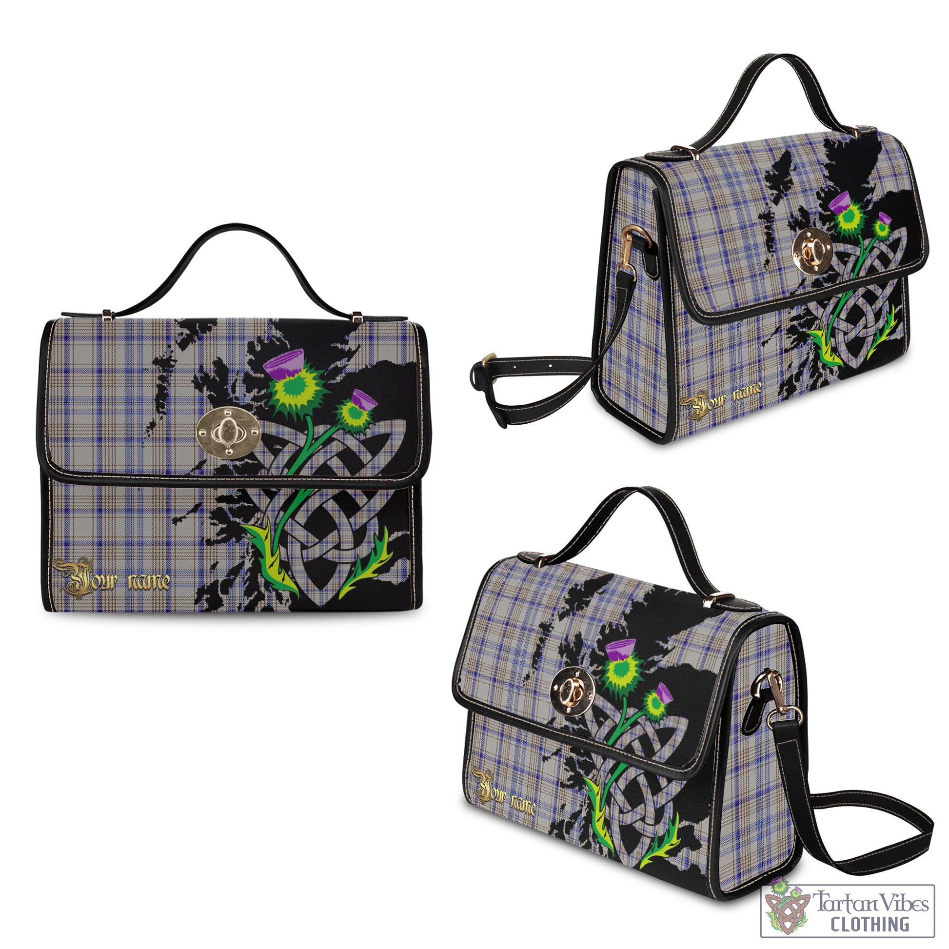 Tartan Vibes Clothing Handwriting Tartan Waterproof Canvas Bag with Scotland Map and Thistle Celtic Accents