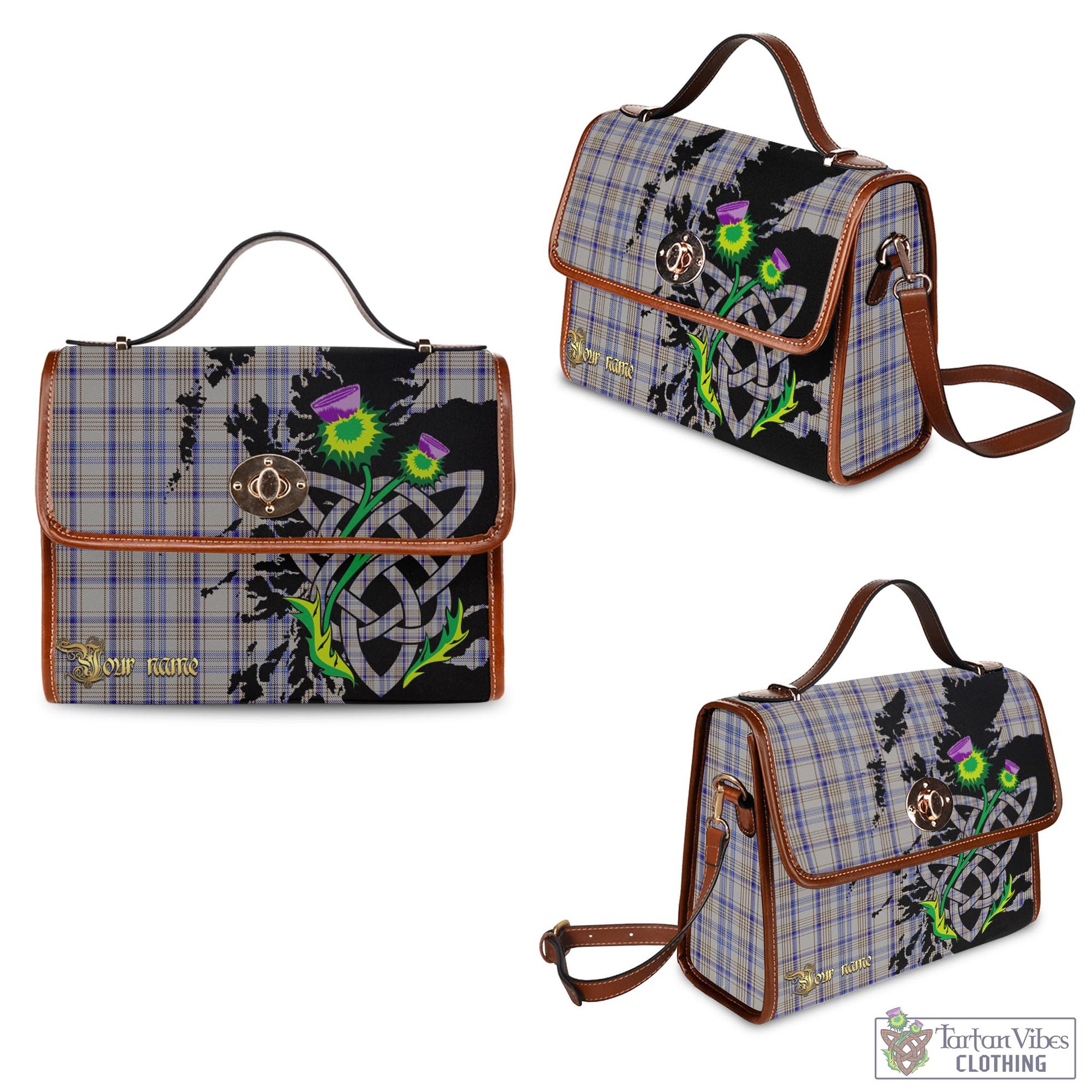 Tartan Vibes Clothing Handwriting Tartan Waterproof Canvas Bag with Scotland Map and Thistle Celtic Accents