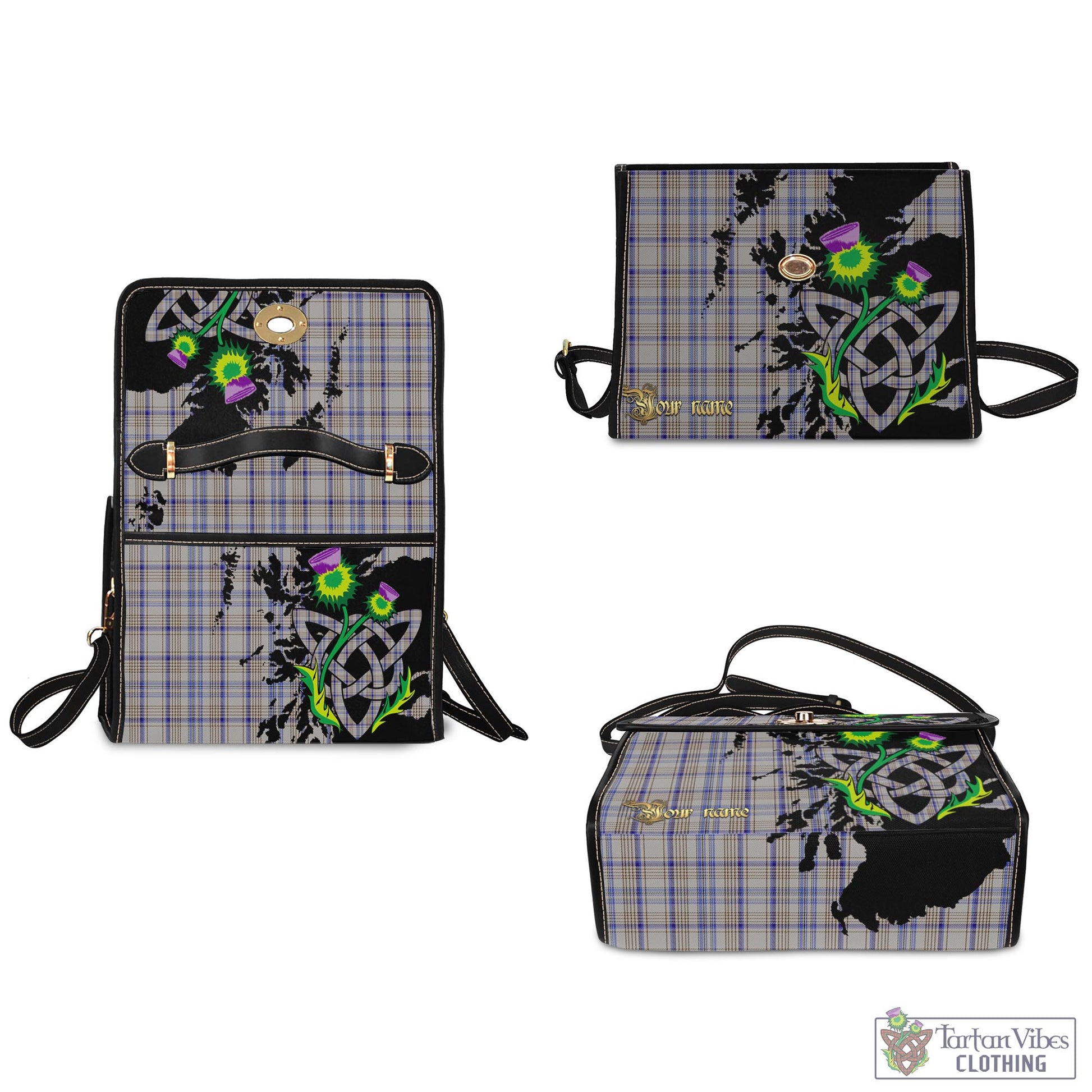 Tartan Vibes Clothing Handwriting Tartan Waterproof Canvas Bag with Scotland Map and Thistle Celtic Accents