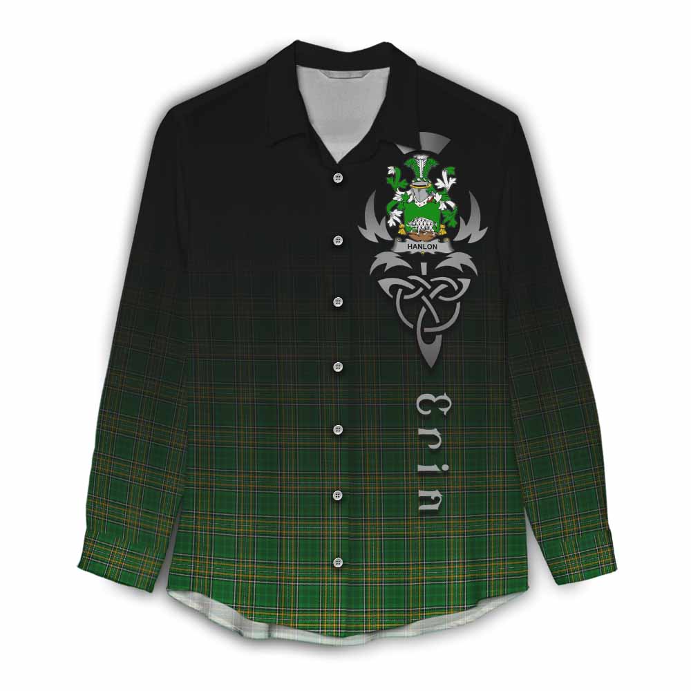 Tartan Vibes Clothing Hanlon Irish Clan Women's Casual Shirt with Coat of Arms Erin Go Bragh Celtic Inspired