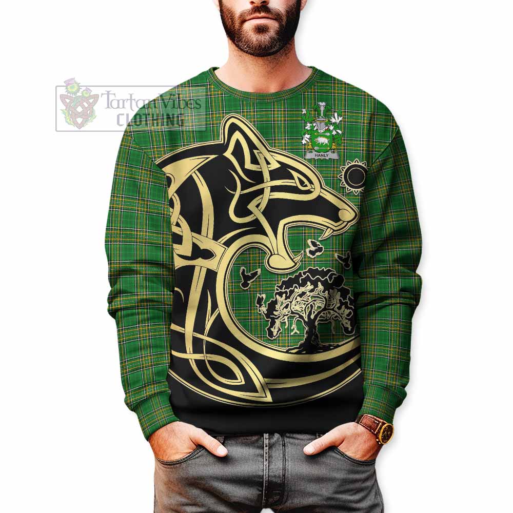 Hanly Irish Tartan Sweatshirt with Coat of Arms Celtic Wolf Style - Tartan Vibes Clothing
