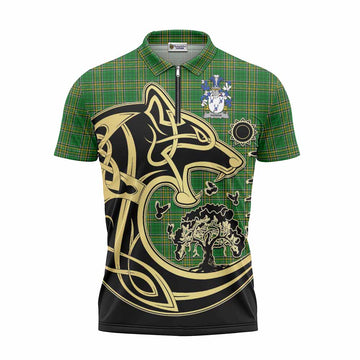 Hanna Irish Tartan Zipper Polo Shirt with Coat of Arms Celtic Wolf Style Unisex - Tartan Vibes Clothing
