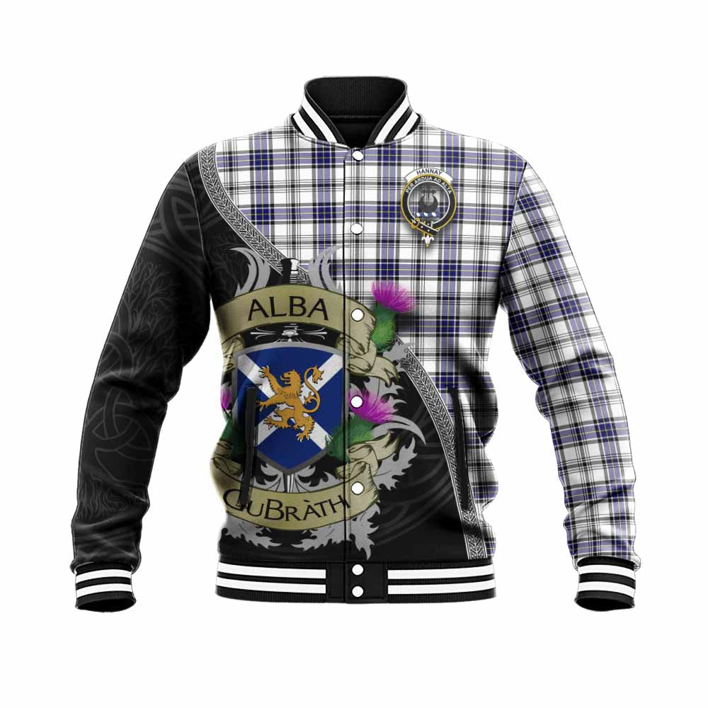 Tartan Vibes Clothing Hannay Tartan Family Crest Baseball Jacket Lion Rampant Royal Thistle Shield Celtic Inspired