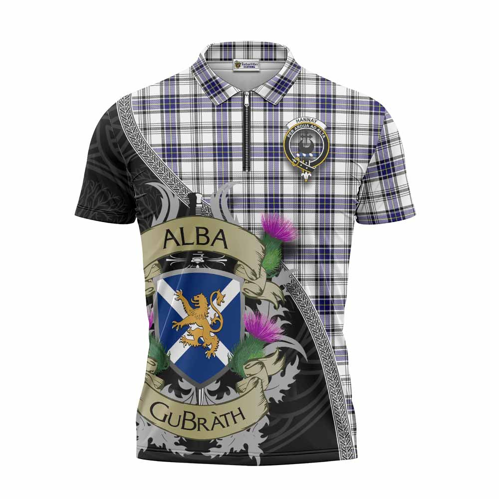 Tartan Vibes Clothing Hannay Tartan Family Crest Zipper Polo Shirt Lion Rampant Royal Thistle Shield Celtic Inspired