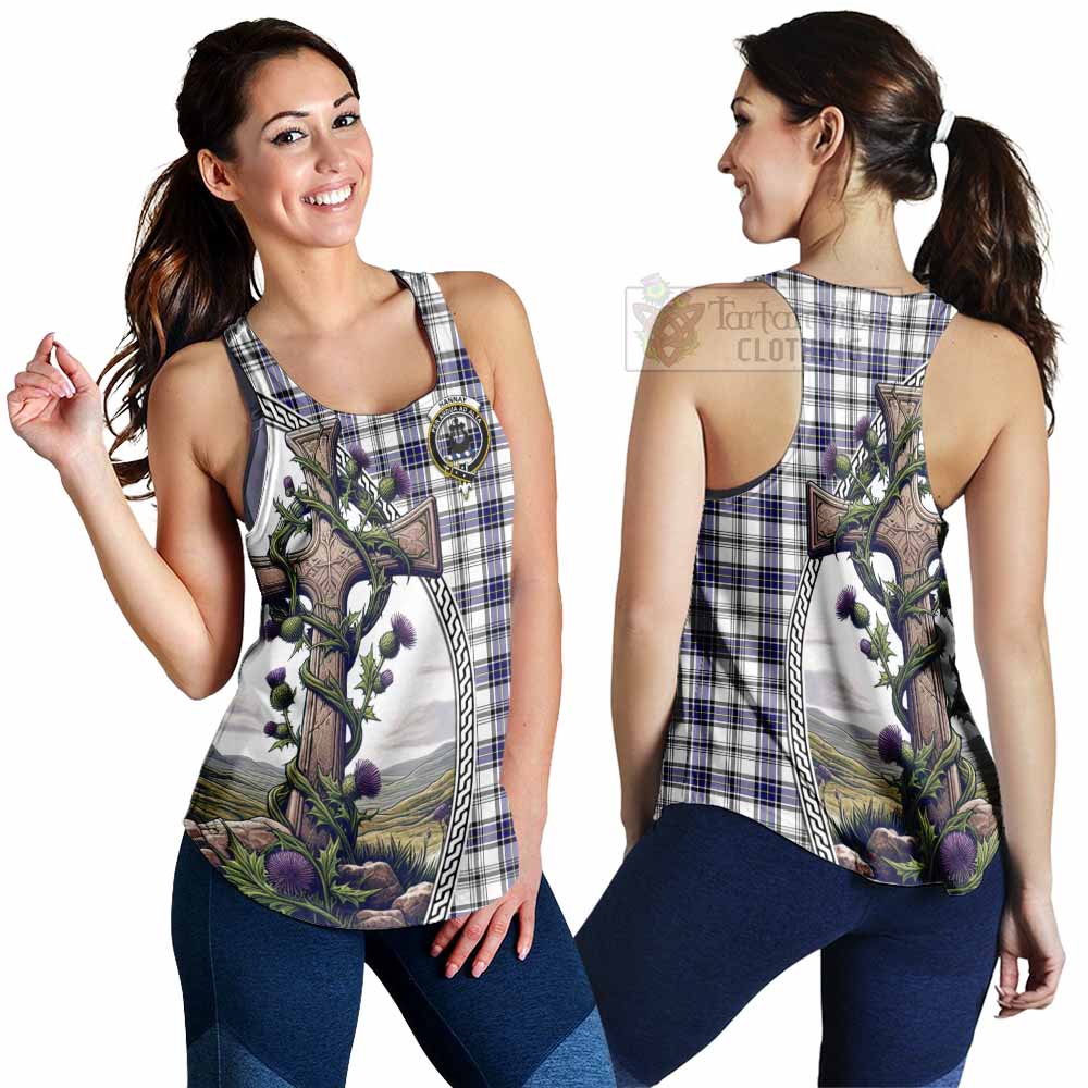 Tartan Vibes Clothing Hannay Tartan Women's Racerback Tanks with Family Crest and St. Andrew's Cross Accented by Thistle Vines