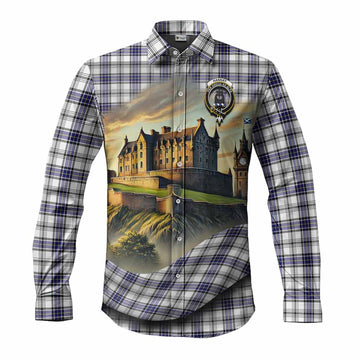 Hannay Tartan Family Crest Long Sleeve Button Shirt with Scottish Ancient Castle Style