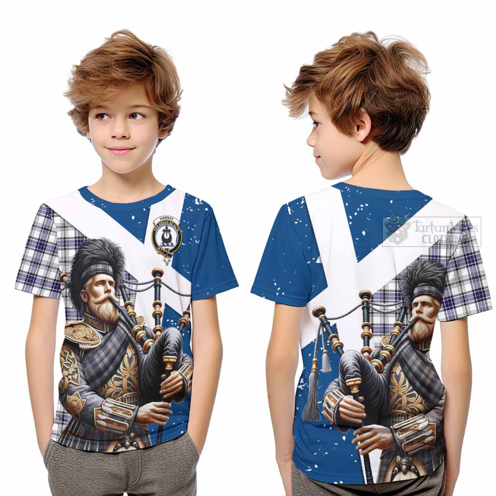 Tartan Vibes Clothing Hannay Tartan Kid T-Shirt with Family Crest Scottish Bagpiper Vibes
