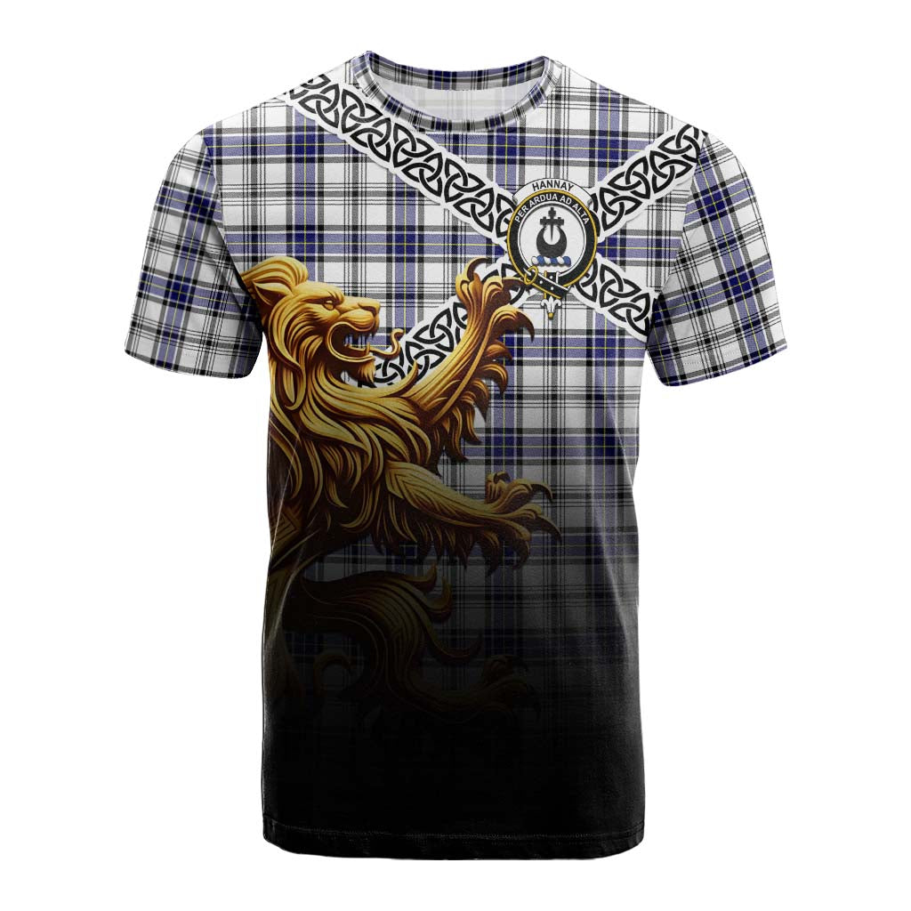 Tartan Vibes Clothing Hannay Crest Tartan Cotton T-shirt with Golden Lion Emblem Celtic Style