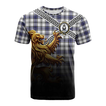 Tartan Vibes Clothing Hannay Crest Tartan Cotton T-shirt with Golden Lion Emblem Celtic Style