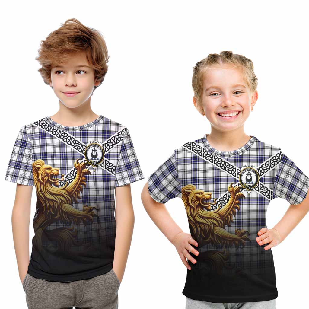 Tartan Vibes Clothing Hannay Crest Tartan Kid T-Shirt with Golden Lion Emblem Celtic Style