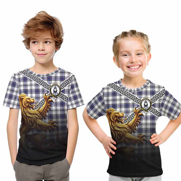 Tartan Vibes Clothing Hannay Crest Tartan Kid T-Shirt with Golden Lion Emblem Celtic Style