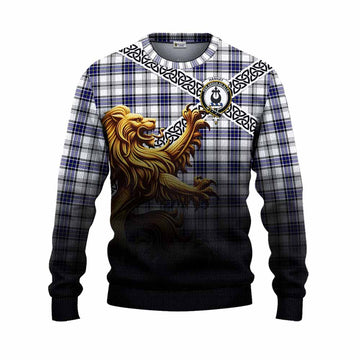 Tartan Vibes Clothing Hannay Crest Tartan Knitted Sweater with Golden Lion Emblem Celtic Style