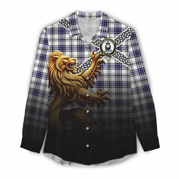 Hannay Crest Tartan Women's Casual Shirt with Golden Lion Emblem Celtic Style