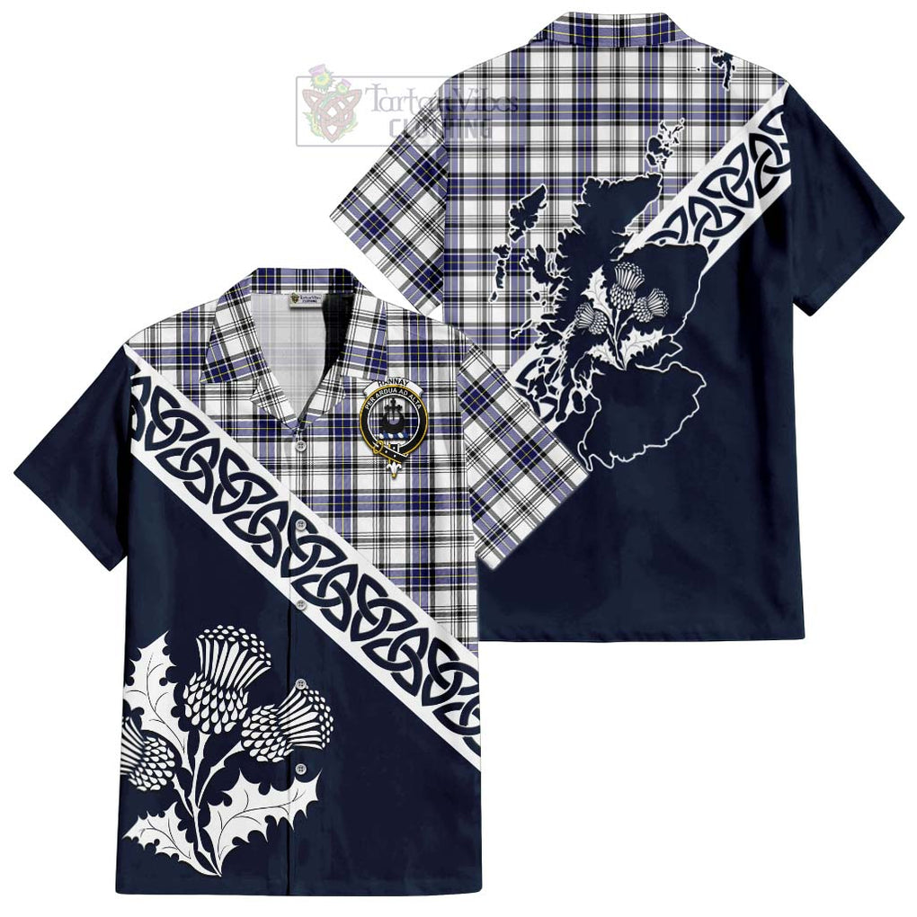 Tartan Vibes Clothing Hannay Tartan Short Sleeve Button Shirt Featuring Thistle and Scotland Map