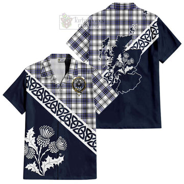 Tartan Vibes Clothing Hannay Tartan Short Sleeve Button Shirt Featuring Thistle and Scotland Map