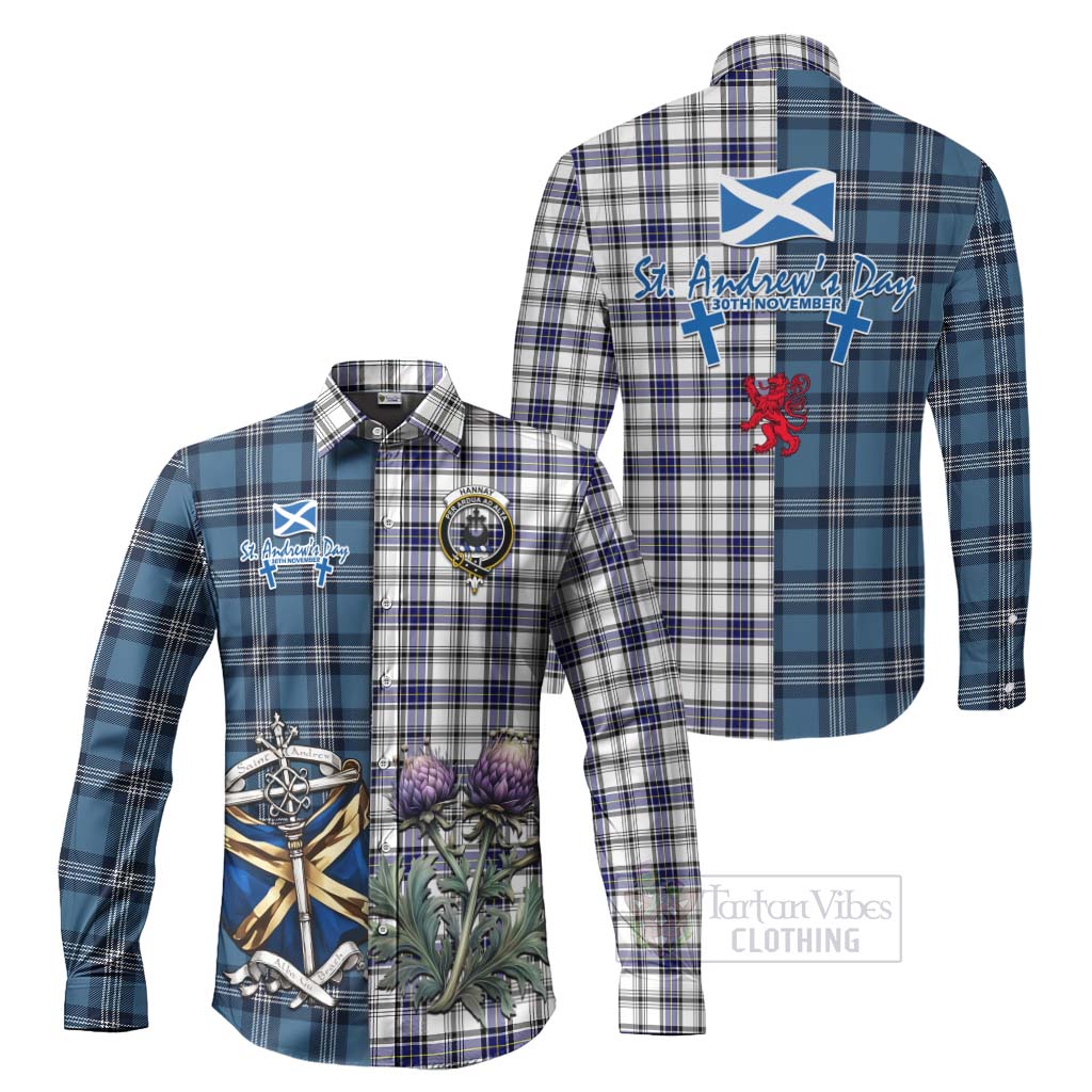 Tartan Vibes Clothing Hannay Tartan Long Sleeve Button Shirt Happy St. Andrew's Day Half Tartan Style