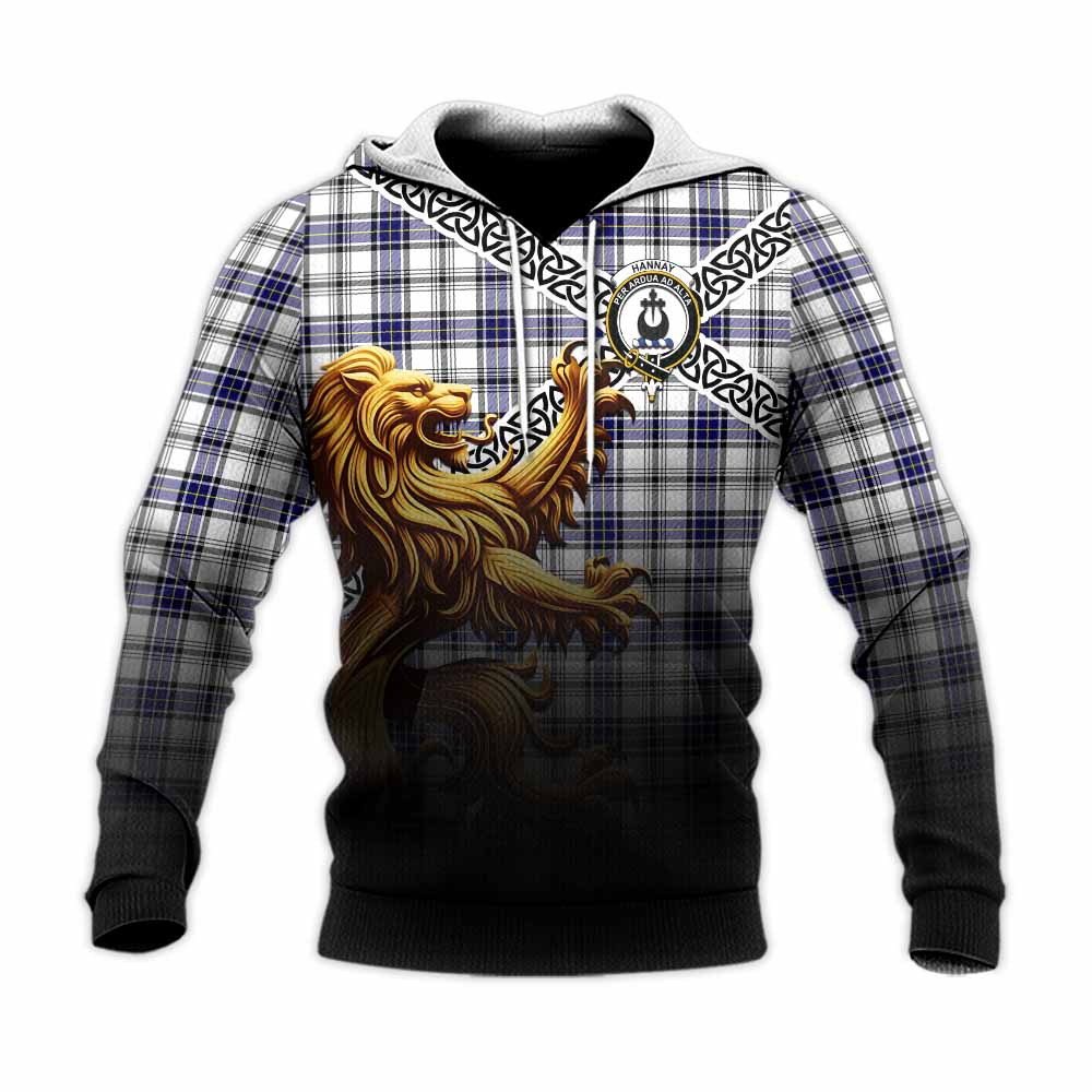 Tartan Vibes Clothing Hannay Crest Tartan Knitted Hoodie with Golden Lion Emblem Celtic Style