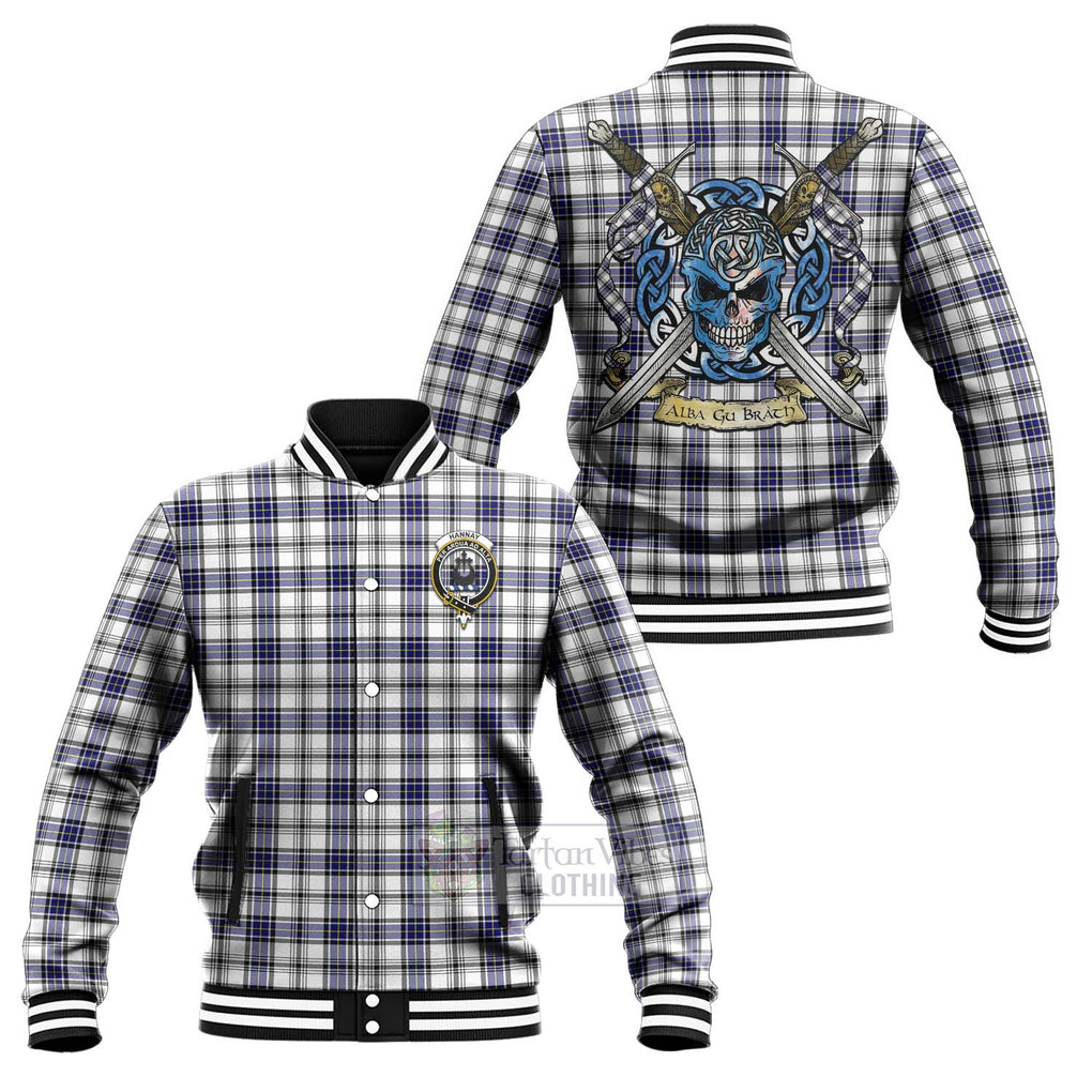 Tartan Vibes Clothing Hannay Tartan Baseball Jacket with Family Crest Celtic Skull Style