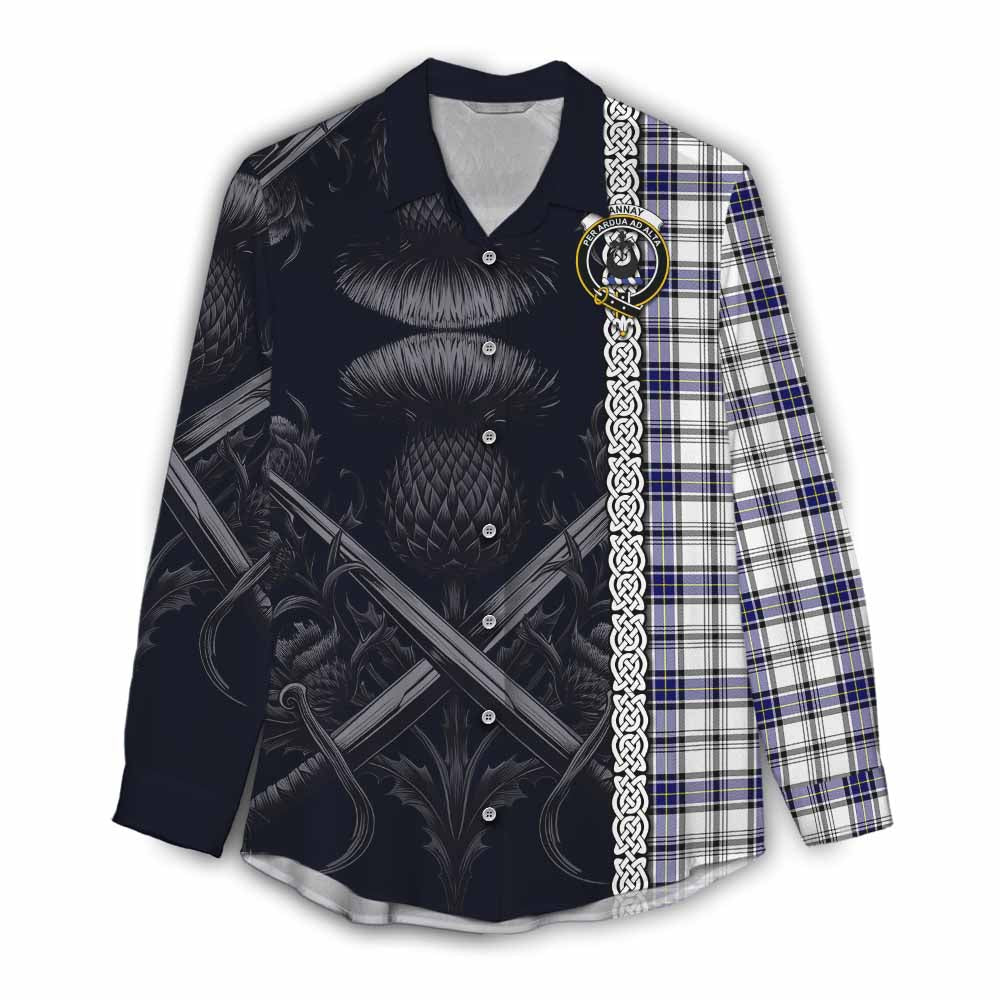 Tartan Vibes Clothing Hannay Tartan Women's Casual Shirt with Family Crest Cross Sword Thistle Celtic Vibes
