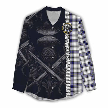 Tartan Vibes Clothing Hannay Tartan Women's Casual Shirt with Family Crest Cross Sword Thistle Celtic Vibes