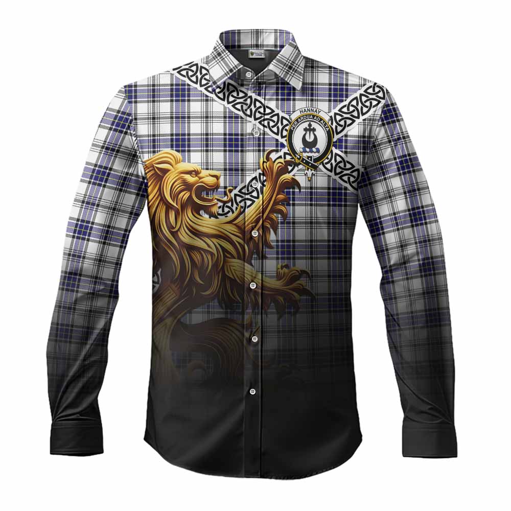 Tartan Vibes Clothing Hannay Crest Tartan Long Sleeve Button Shirt with Golden Lion Emblem Celtic Style