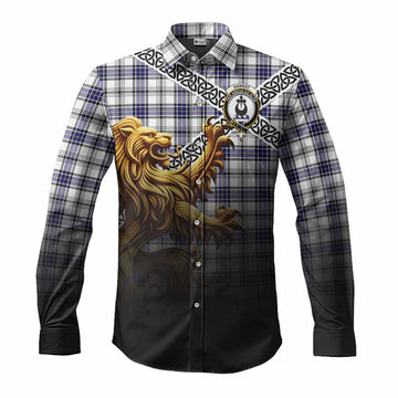 Hannay Crest Tartan Long Sleeve Button Shirt with Golden Lion Emblem Celtic Style