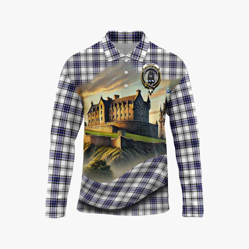 Tartan Vibes Clothing Hannay Tartan Family Crest Long Sleeve Polo Shirt with Scottish Ancient Castle Style