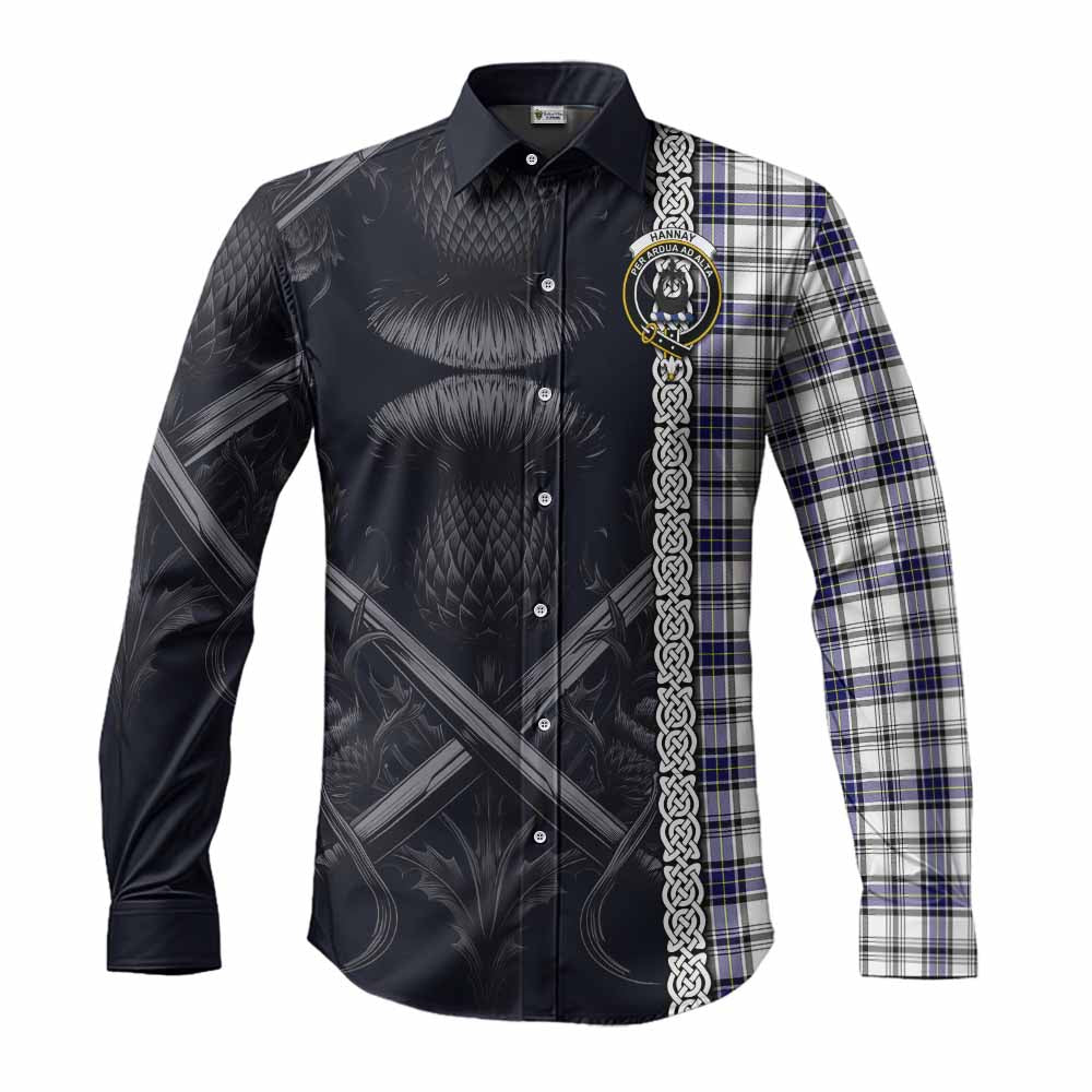 Tartan Vibes Clothing Hannay Tartan Long Sleeve Button Shirt with Family Crest Cross Sword Thistle Celtic Vibes