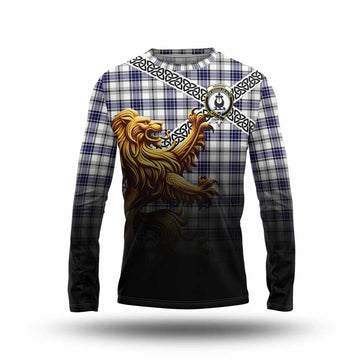 Tartan Vibes Clothing Hannay Crest Tartan Long Sleeve T-Shirt with Golden Lion Emblem Celtic Style