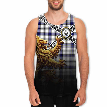 Tartan Vibes Clothing Hannay Crest Tartan Men's Tank Top with Golden Lion Emblem Celtic Style