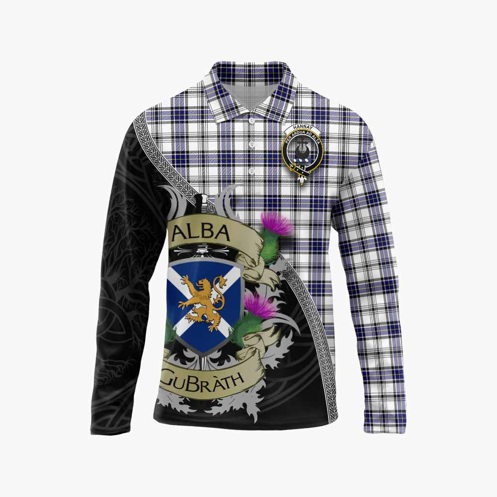 Tartan Vibes Clothing Hannay Tartan Family Crest Long Sleeve Polo Shirt Lion Rampant Royal Thistle Shield Celtic Inspired