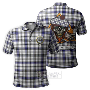 Tartan Vibes Clothing Hannay Tartan Polo Shirt with Family Crest and Bearded Skull Holding Bottles of Whiskey