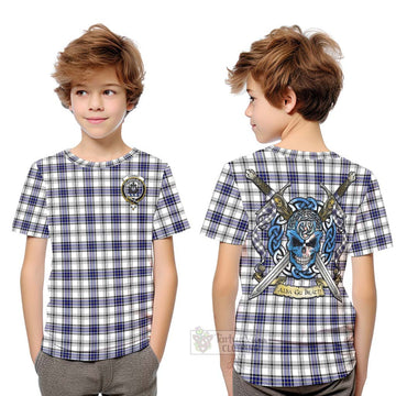 Tartan Vibes Clothing Hannay Tartan Kid T-Shirt with Family Crest Celtic Skull Style
