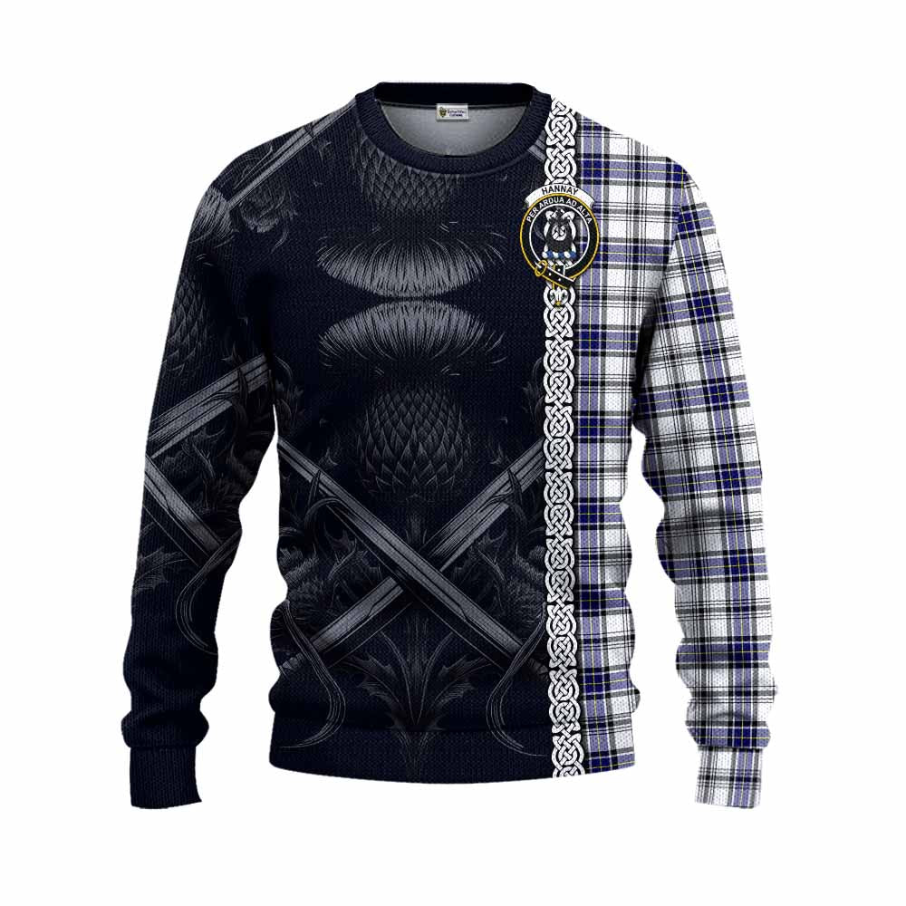 Tartan Vibes Clothing Hannay Tartan Knitted Sweater with Family Crest Cross Sword Thistle Celtic Vibes