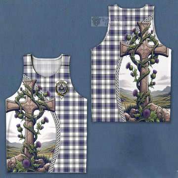 Tartan Vibes Clothing Hannay Tartan Men's Tank Top with Family Crest and St. Andrew's Cross Accented by Thistle Vines