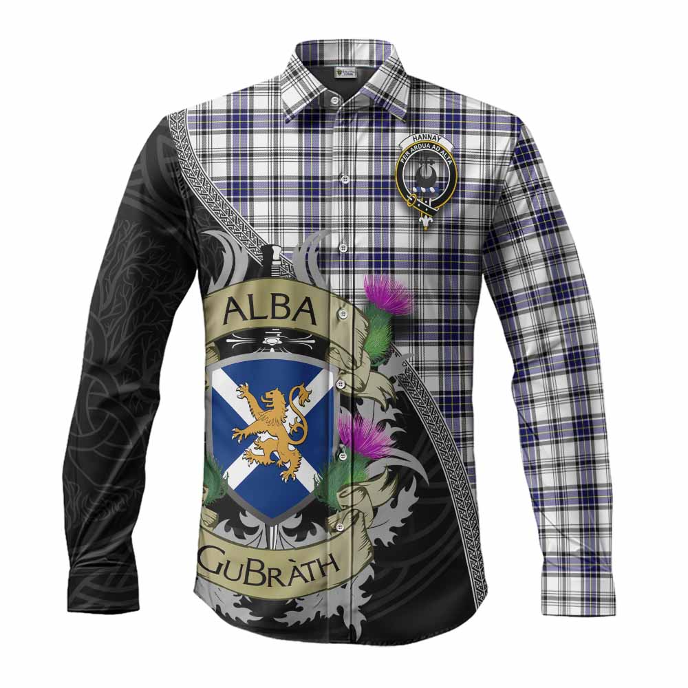Tartan Vibes Clothing Hannay Tartan Family Crest Long Sleeve Button Shirt Lion Rampant Royal Thistle Shield Celtic Inspired