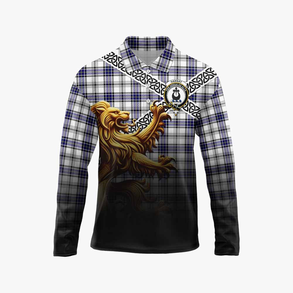 Tartan Vibes Clothing Hannay Crest Tartan Long Sleeve Polo Shirt with Golden Lion Emblem Celtic Style