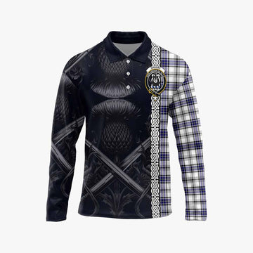 Tartan Vibes Clothing Hannay Tartan Long Sleeve Polo Shirt with Family Crest Cross Sword Thistle Celtic Vibes
