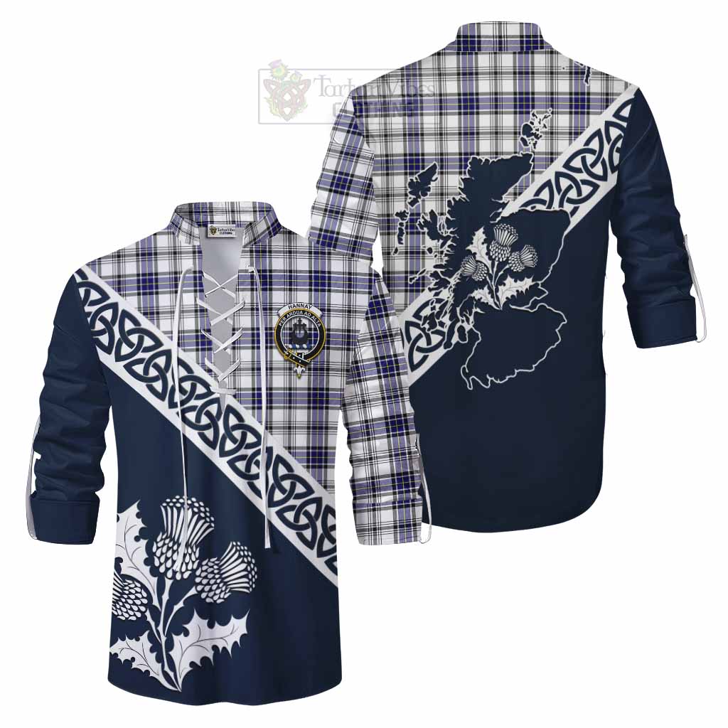 Tartan Vibes Clothing Hannay Tartan Ghillie Kilt Shirt Featuring Thistle and Scotland Map