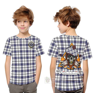 Tartan Vibes Clothing Hannay Tartan Kid T-Shirt with Family Crest and Bearded Skull Holding Bottles of Whiskey